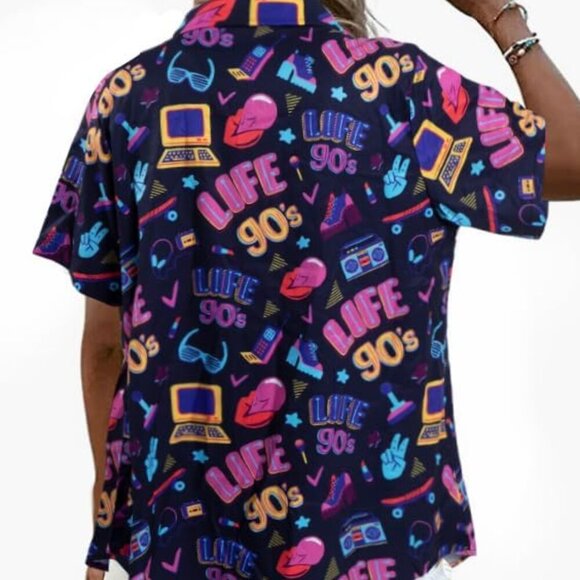 Retro 80s 90s Women Shirt Neon Button Down Short Sleeve Vintage Disco Top - Picture 2 of 2